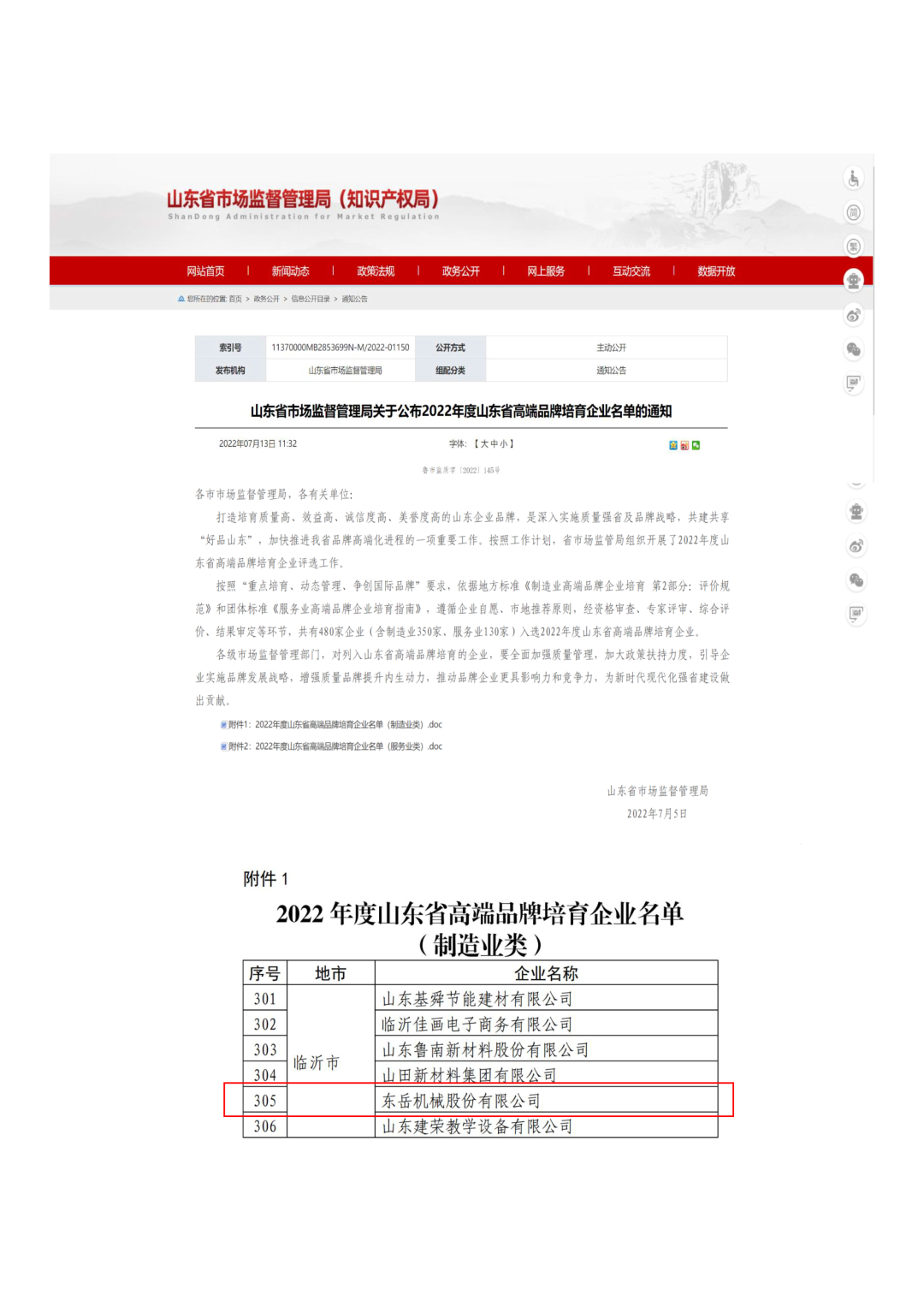 東岳機(jī)械入選2022年度山東省高端品牌培育企業(yè)名單